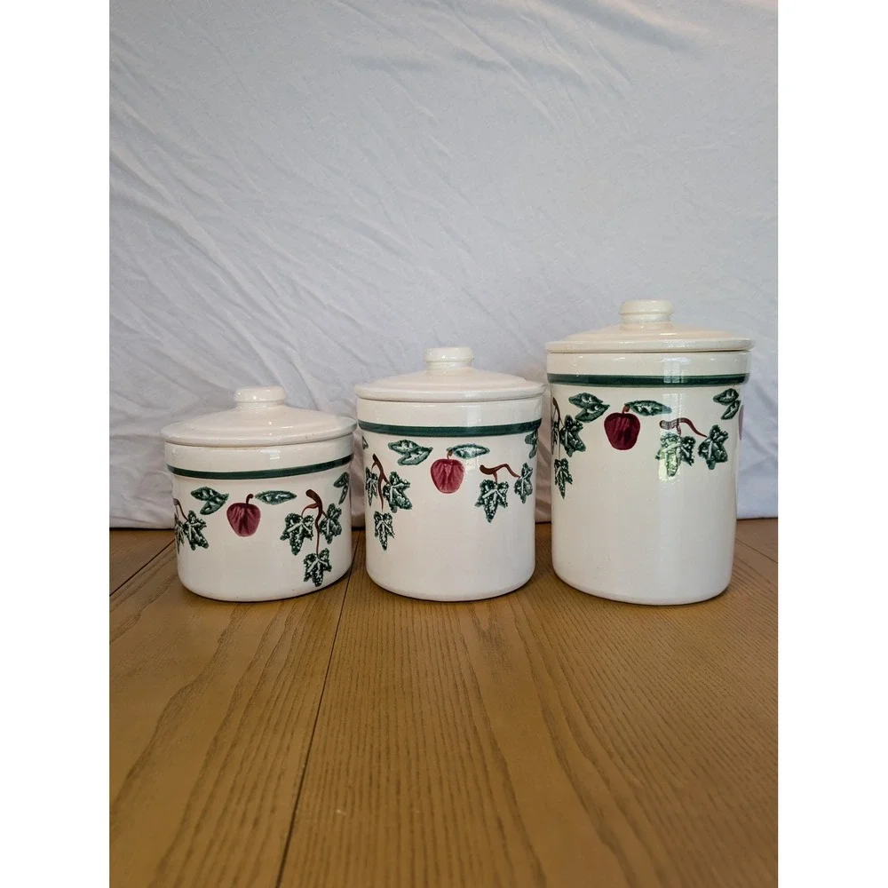 Vintage Crock Shop Santa Ana Ceramic Canister Set 3 Apple Ivy Farmhouse Cream